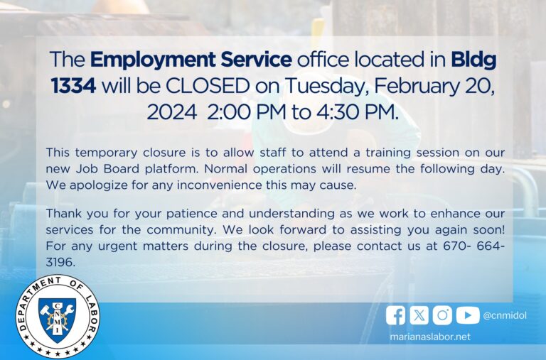 Employment Service office located in Bldg. 1334 will be CLOSED on Tuesday, February 20, 2024 2pm – 4:30pm