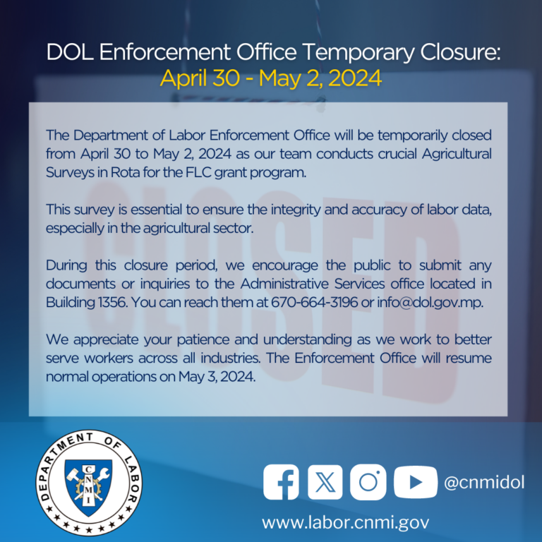 DOL Enforcement Office Temporary Closure: April 30 – May 2, 2024