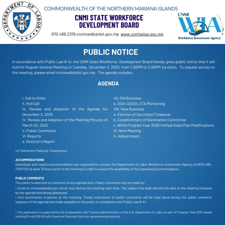 CNMI State Workforce Development Board Agenda: Dec. 02, 2025