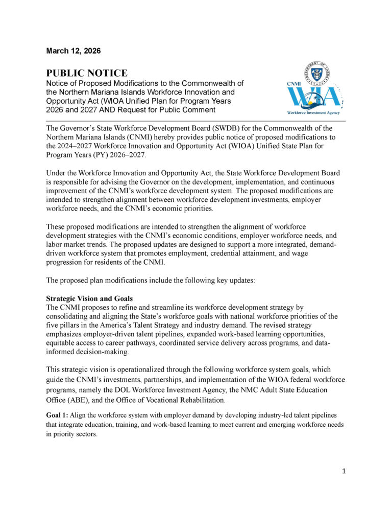 Notice of Proposed Modifications to the Commonwealth of the Northern Mariana Islands Workforce Innovation and Opportunity Act